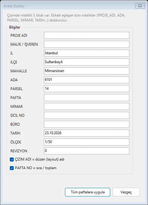 Antet Doldurma: Bütün Paftalar Tek Seferde — AutoCAD ekran görüntüsü