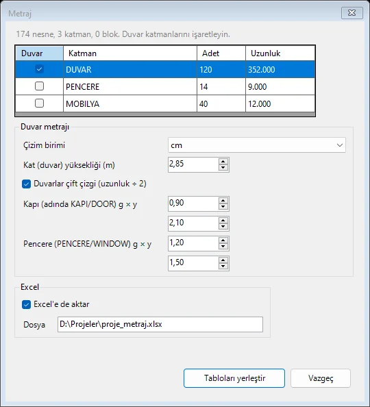 Metraj: Katman, Blok, Duvar, Sıva ve Boya Metrajı — AutoCAD ekran görüntüsü