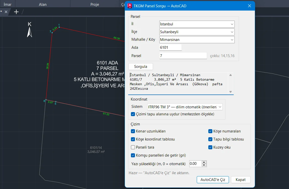 TKGM Parsel Sorgusu: Ada/Parselden AutoCAD’e Koordinatlı Çizim — AutoCAD ekran görüntüsü